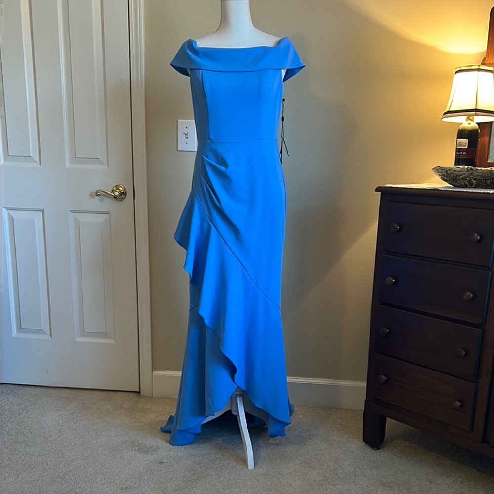 Adrianna Papell Blue Asymmetrical Ruched Gown